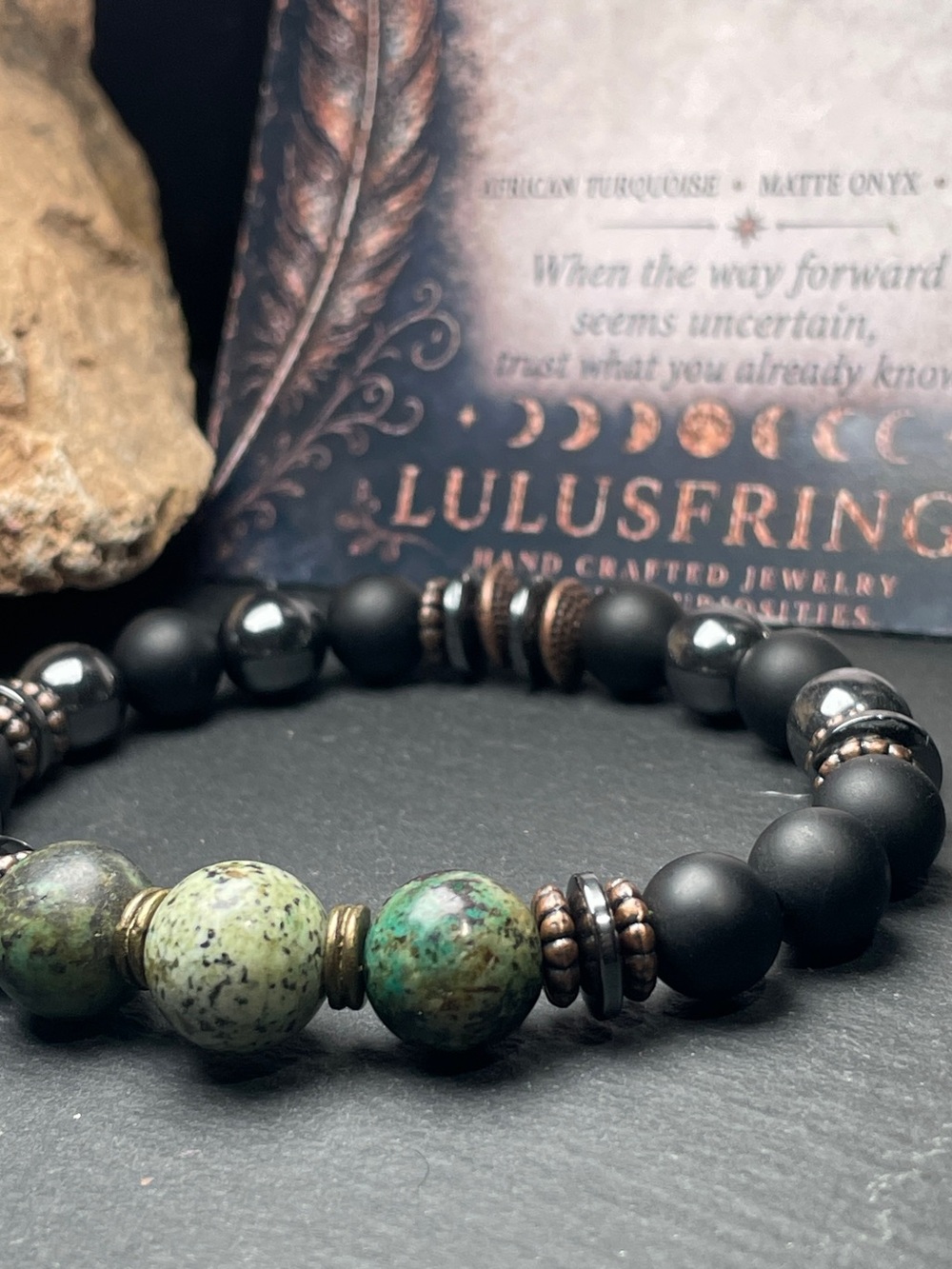Artisan Black Onyx, Hematite, & Turquoise Beaded Stretch Stacking Bracelet - Picture 3 of 9